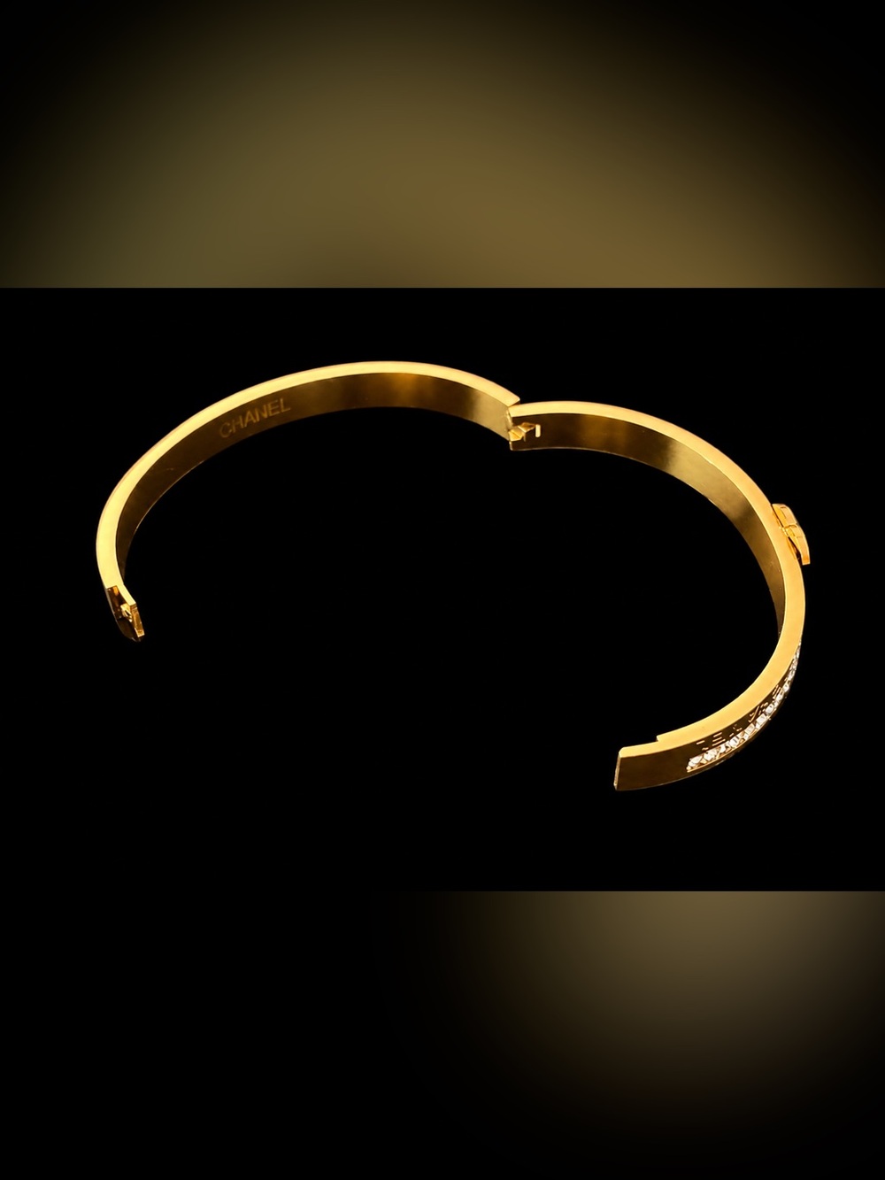Gold Crystal CC Logo Hinged Bangle Bracelet - Picture 5 of 9
